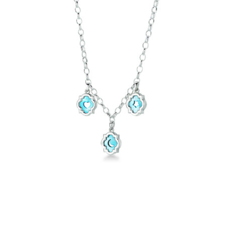 Collana 3 ciondoli scudo con simboli luna, cuore e stella blu